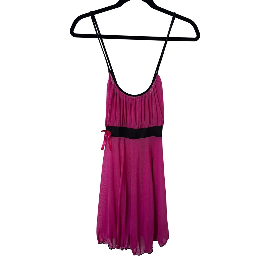 Y2K Kissable by Coquette Hot Pink Mesh Babydoll Chemise Lingerie Pink Black Bow